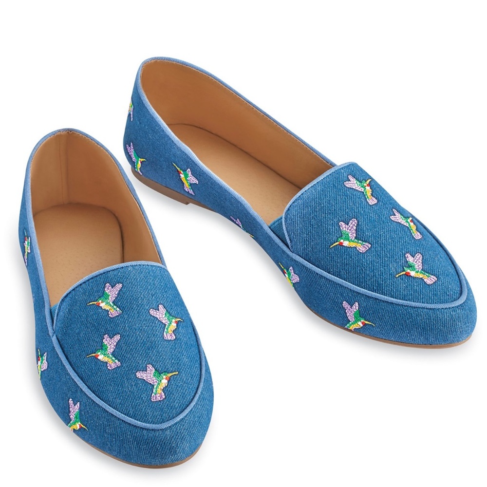 NWOT- Collection Etc Hummingbird embroidered Slip On Cotton Flats